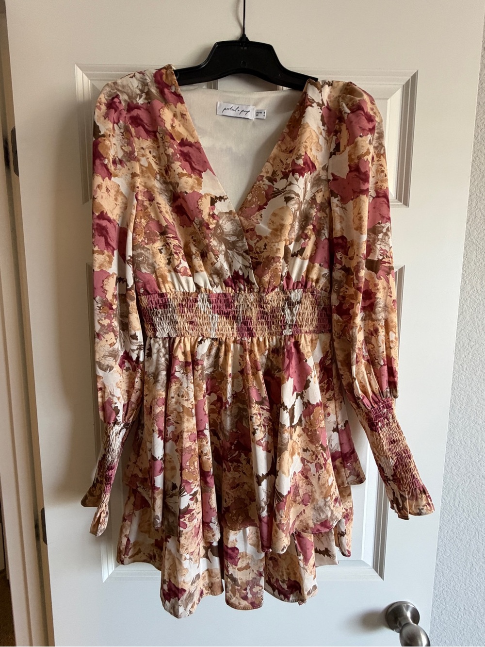 Petal & Pup Floral V-Neck Smocked Mini Dress - Pink & Cream & Tan